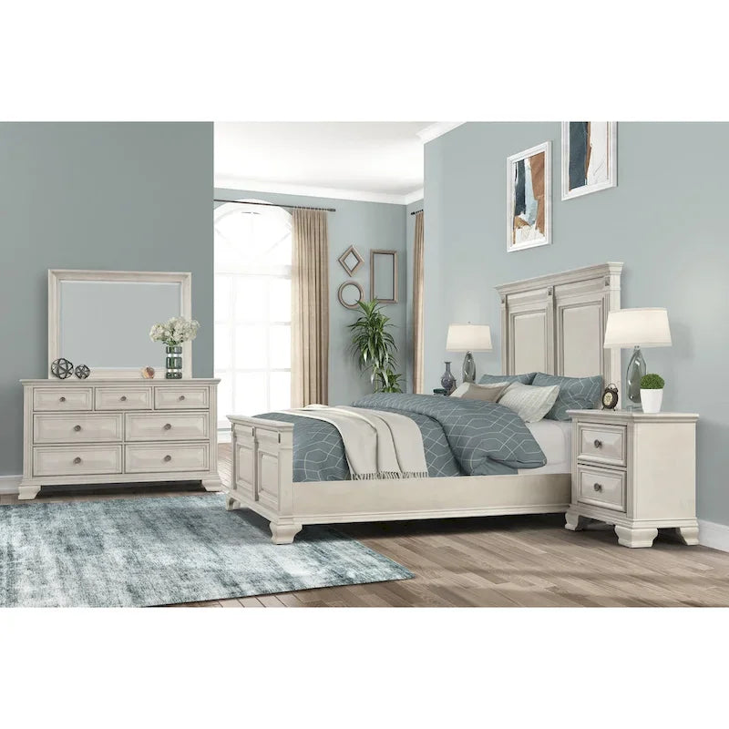 Roundhill Furniture Renova Distressed Parchment Wood Bedroom Set, Panel Bed, Dresser, Mirror, Nightstand