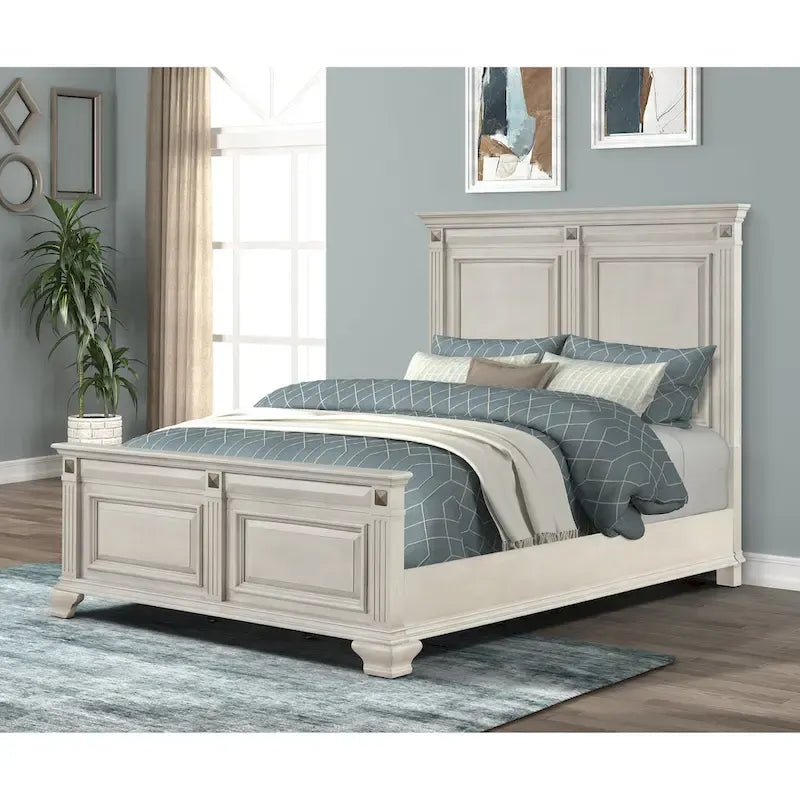 Roundhill Furniture Renova Distressed Parchment Wood Bedroom Set, Panel Bed, Dresser, Mirror, Nightstand