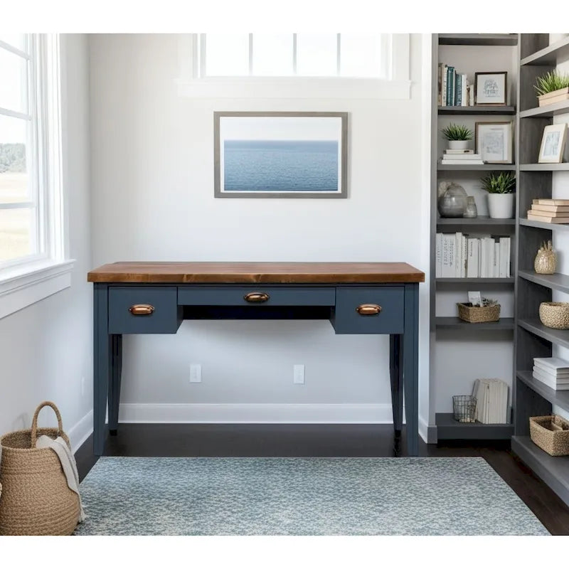 Bridgevine Home Nantucket 53 inch Writing Desk, No Assembly Required, Blue Denim and Whiskey Finish