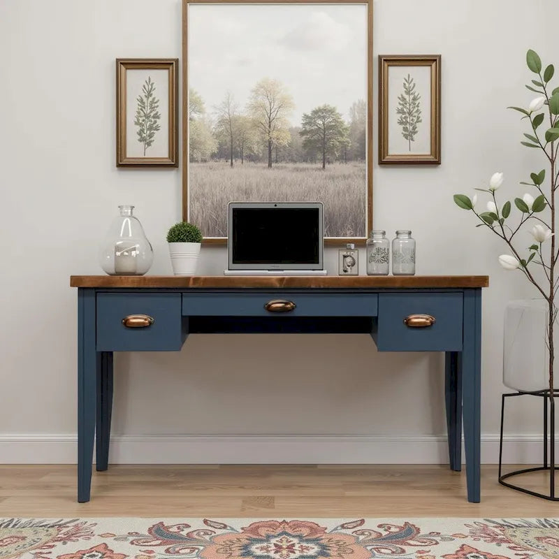 Bridgevine Home Nantucket 53 inch Writing Desk, No Assembly Required, Blue Denim and Whiskey Finish