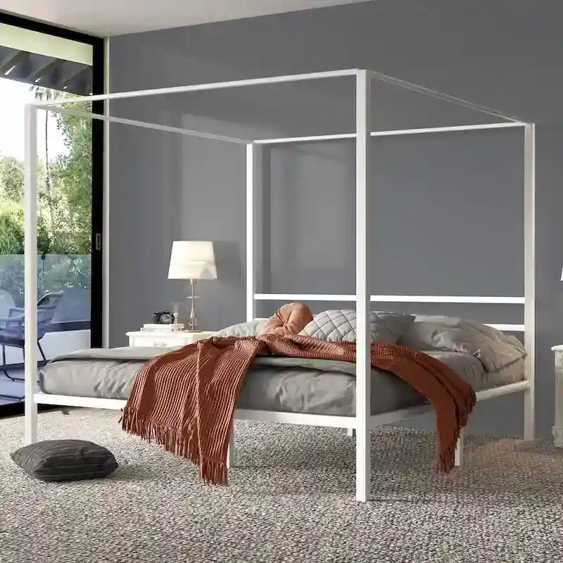 King White Metal Canopy Platform Bed Frame