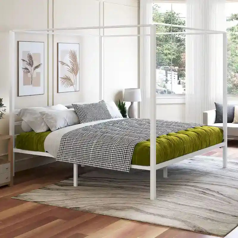 King White Metal Canopy Platform Bed Frame