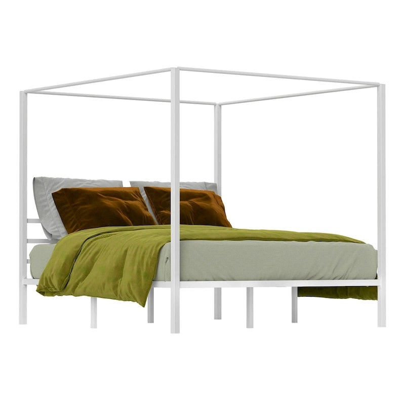 King White Metal Canopy Platform Bed Frame