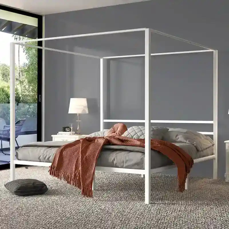 King White Metal Canopy Platform Bed Frame