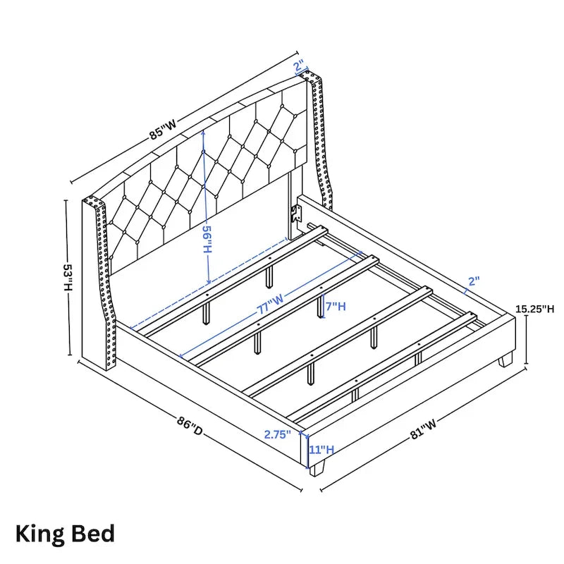 Roundhill Furniture Fentina 3-Piece Upholstered Bedroom Set Tufted Wingback Bed with Two Nightstands