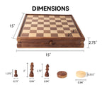 GSE 15 Large Wooden 2-in-1 Chess and Checkers Board Game Combo Set with Drawer