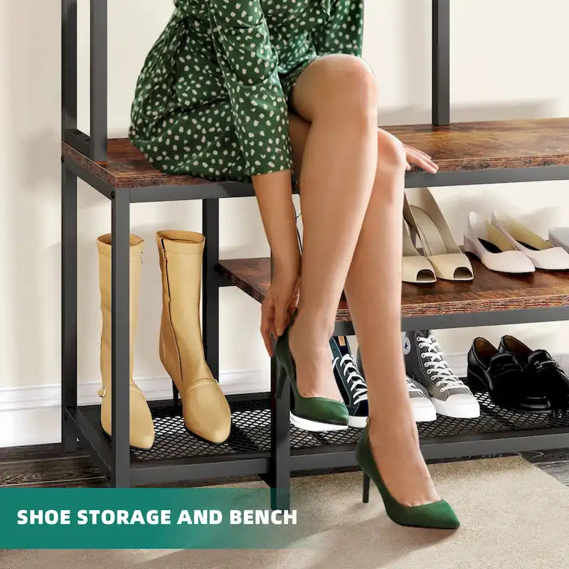 Moasis Industrial Entryway Bench with Coat Rack, 5-in-1 Hall Tree with Shoes Storage
