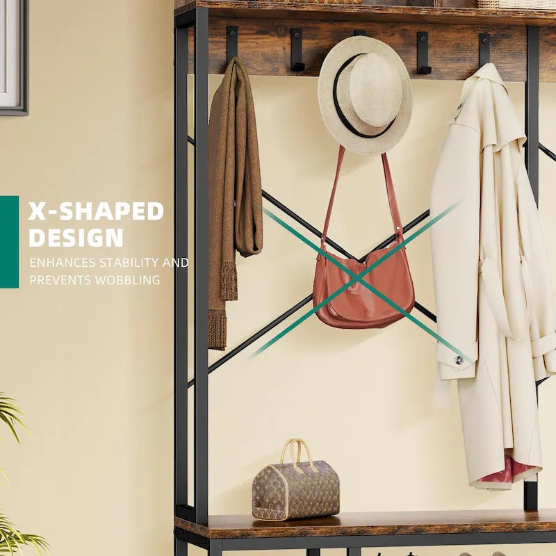 Moasis Industrial Entryway Bench with Coat Rack, 5-in-1 Hall Tree with Shoes Storage