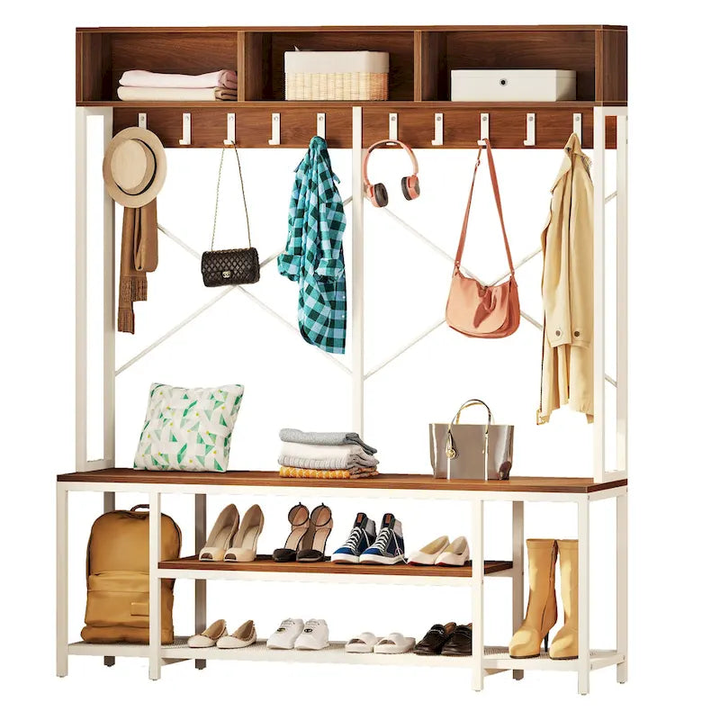 Moasis Industrial Entryway Bench with Coat Rack, 5-in-1 Hall Tree with Shoes Storage