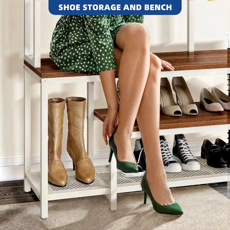 Moasis Industrial Entryway Bench with Coat Rack, 5-in-1 Hall Tree with Shoes Storage