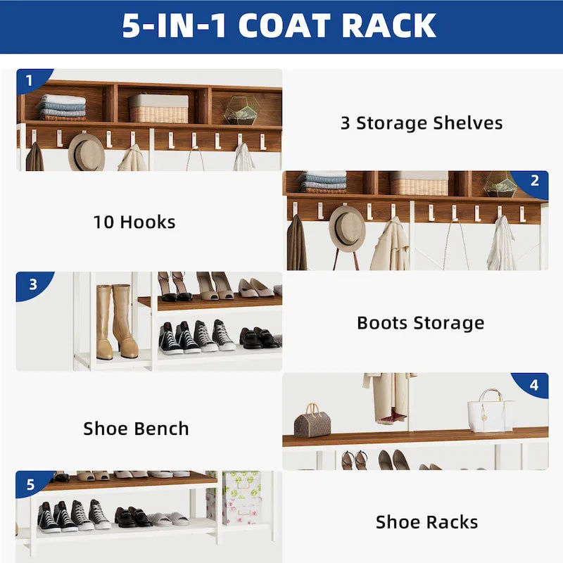 Moasis Industrial Entryway Bench with Coat Rack, 5-in-1 Hall Tree with Shoes Storage