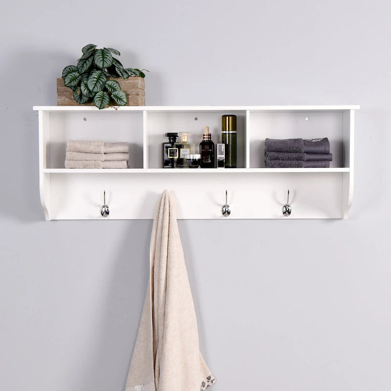 Wall Mounted Coat Rack W/ 4 Dual Hooks, Wood Storage Shelf Small Space