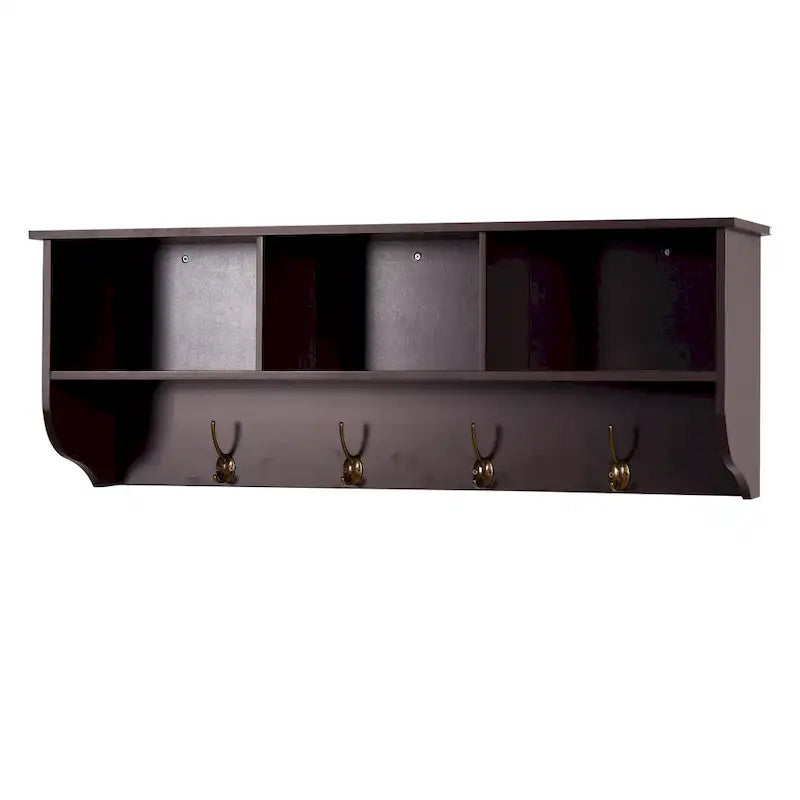Wall Mounted Coat Rack W/ 4 Dual Hooks, Wood Storage Shelf Small Space