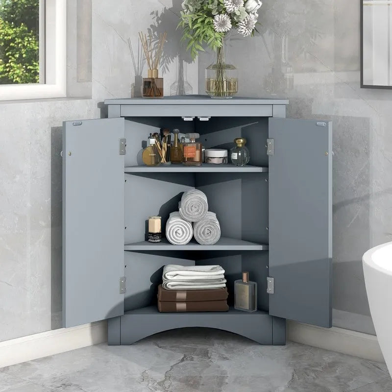 White Triangle Bathroom Storage Cabinet with Adjustable Shelves - 17.2W x 17.2D x 31.5H