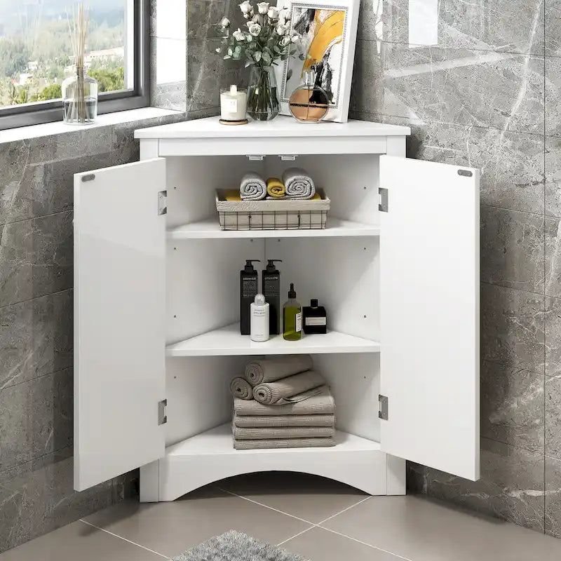White Triangle Bathroom Storage Cabinet with Adjustable Shelves - 17.2W x 17.2D x 31.5H