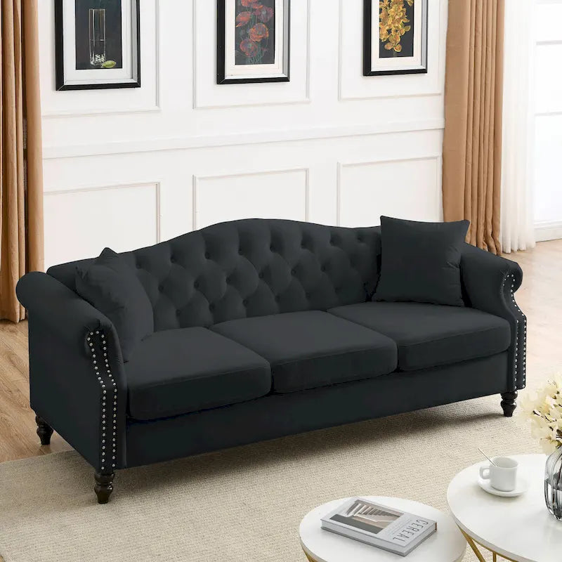 [Video] 79 Chesterfield Sofa Black Velvet for Living Room, 3 Seater Sofa Tufted Couch with Rolled Arms and Nailhead for Living