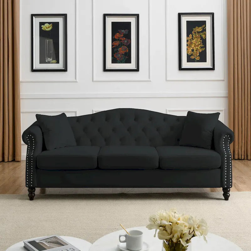 [Video] 79 Chesterfield Sofa Black Velvet for Living Room, 3 Seater Sofa Tufted Couch with Rolled Arms and Nailhead for Living