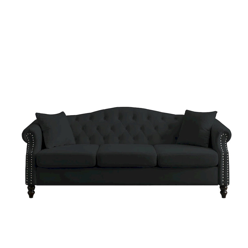 [Video] 79 Chesterfield Sofa Black Velvet for Living Room, 3 Seater Sofa Tufted Couch with Rolled Arms and Nailhead for Living