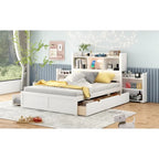Full Size Storage Platform Bed with Pull Out Shelves, Twin Size Trundle and 2 Drawers, White