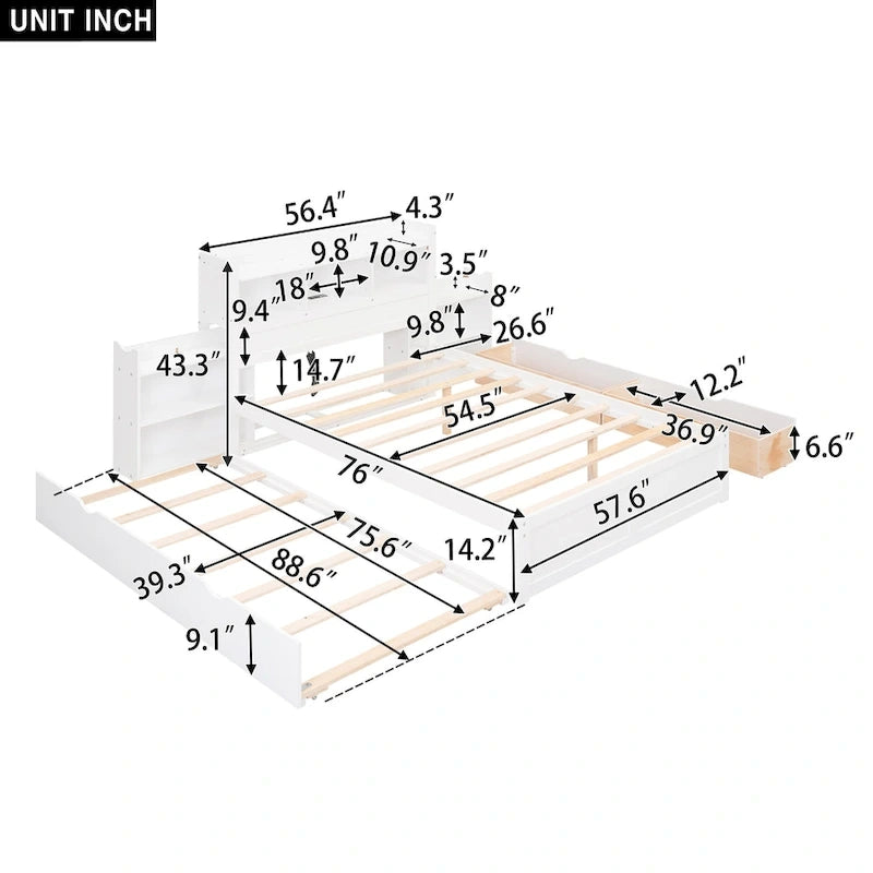 Full Size Storage Platform Bed with Pull Out Shelves, Twin Size Trundle and 2 Drawers, White