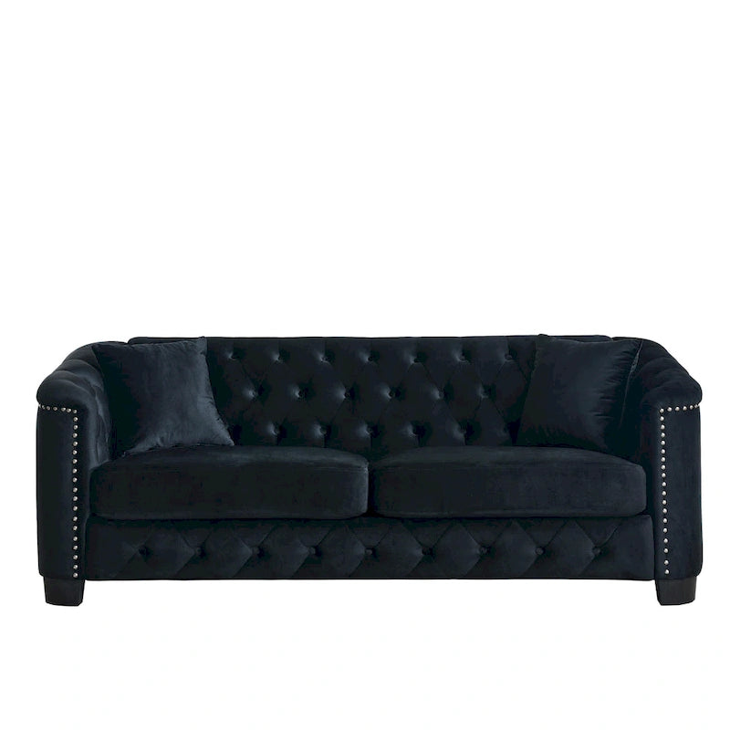 77-Inch Modern Chesterfield Velvet Sofa, 3-Seater Sofa, Upholstered Tufted Backrests with Nailhead Arms and 2 Cushions for Livin
