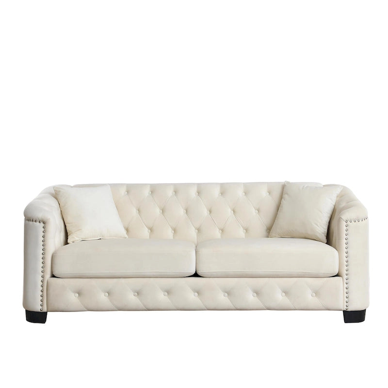 77-Inch Modern Chesterfield Velvet Sofa, 3-Seater Sofa, Upholstered Tufted Backrests with Nailhead Arms and 2 Cushions for Livin