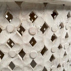Cato 28 Inch Artisanal Round Mango Wood Coffee Table, Intricate Diamond Lattice Cut Out Frame, Washed White