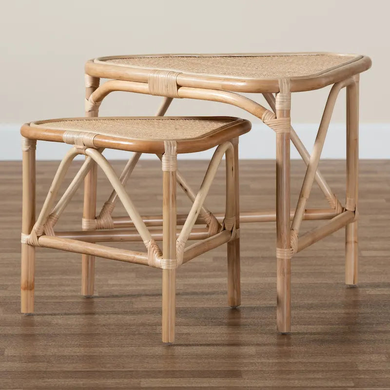 Jayden Bohemian Natural Brown Finished Rattan End Table Set(2PC)
