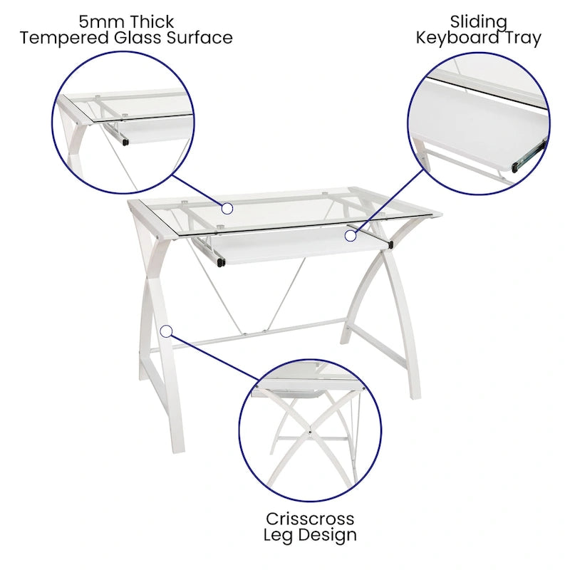 Modern Glass Top Computer Desk with Pull-out Keyboard Tray