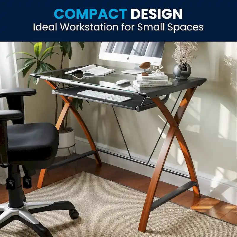 Modern Glass Top Computer Desk with Pull-out Keyboard Tray