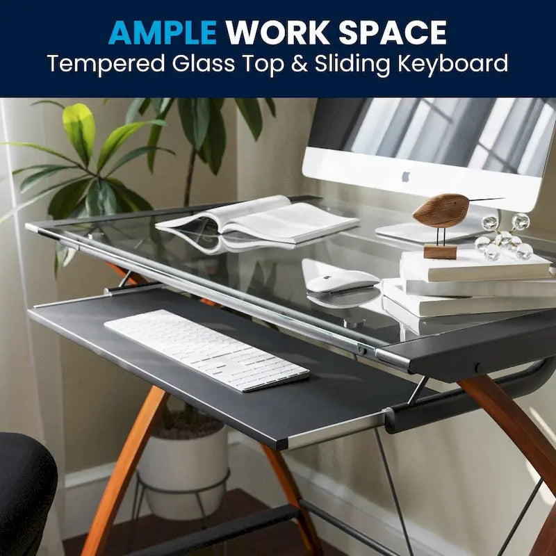 Modern Glass Top Computer Desk with Pull-out Keyboard Tray