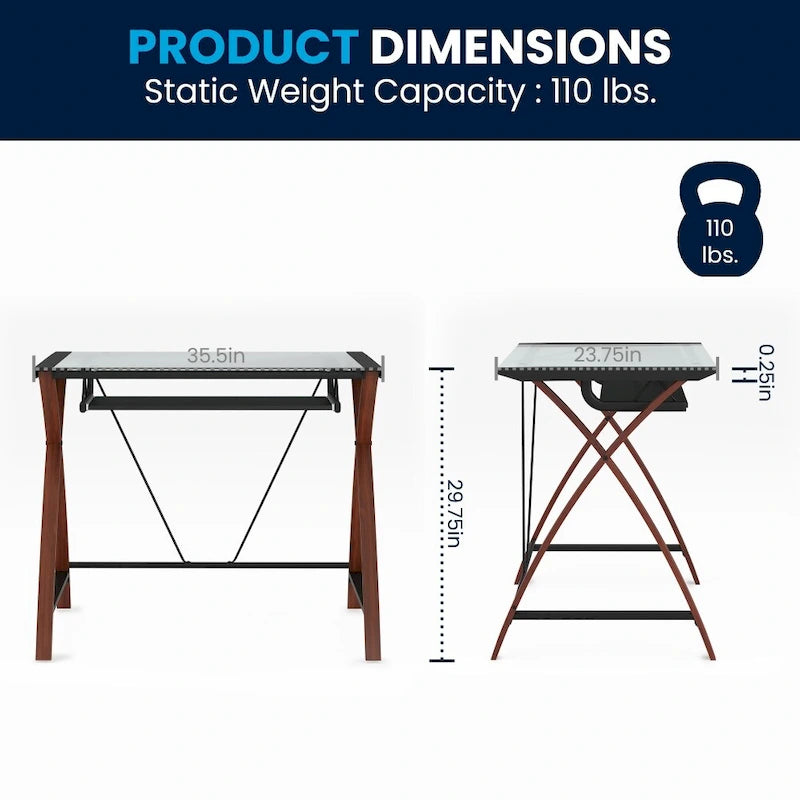Modern Glass Top Computer Desk with Pull-out Keyboard Tray