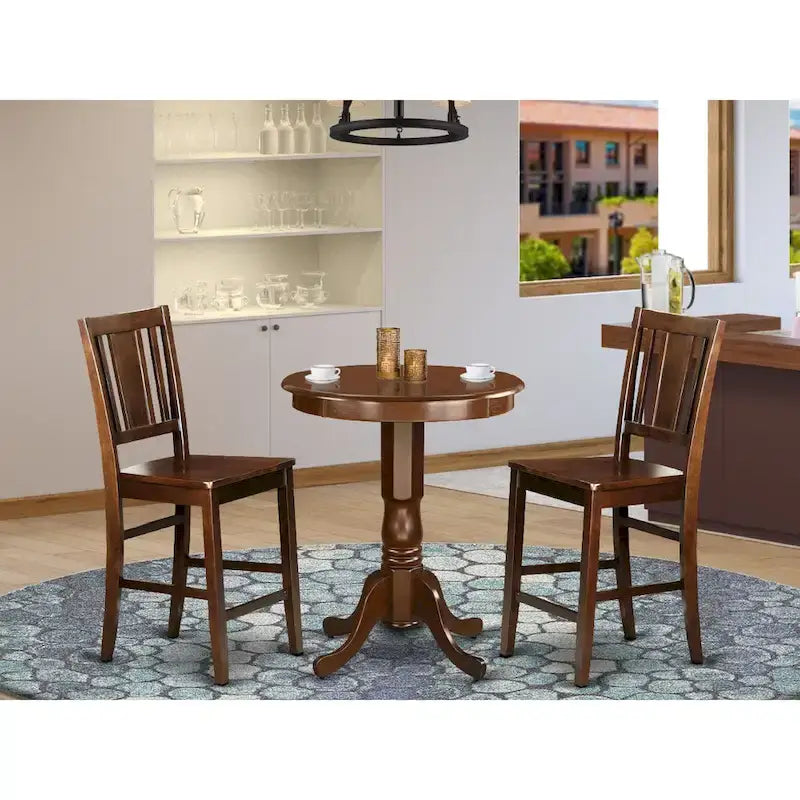East West Furniture 3 Piece Kitchen Table Set Contains a Round Dining Table and 2 Mid Century Chairs, Mahogany(Seat Options)
