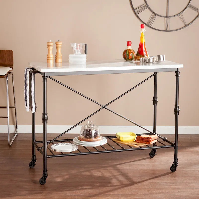 SEI Furniture Black Faux Marble Rolling Kitchen Island