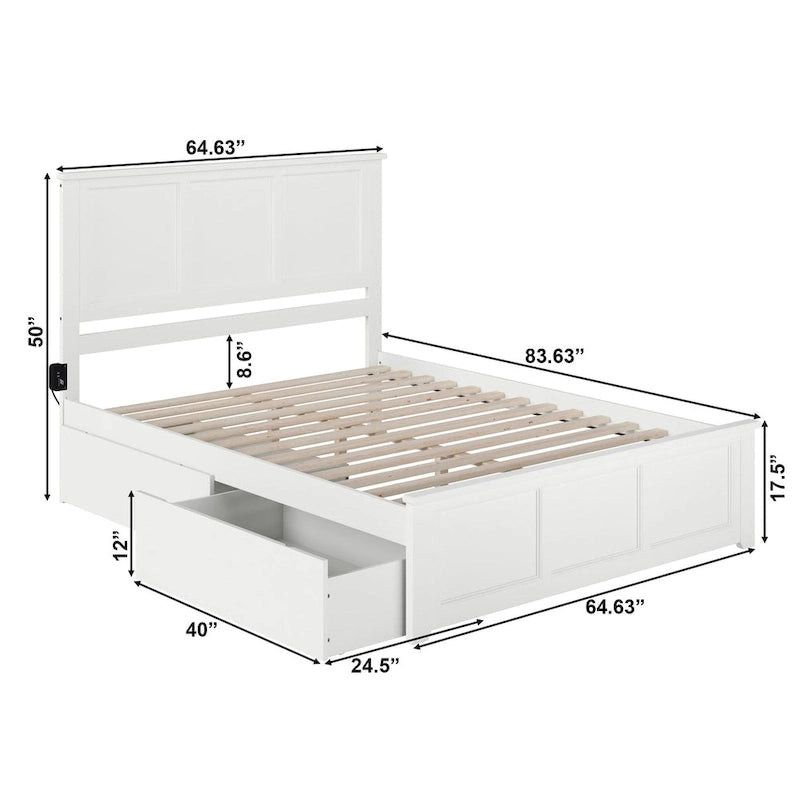 Madison White Queen Platform Bed with 2 Drawers
