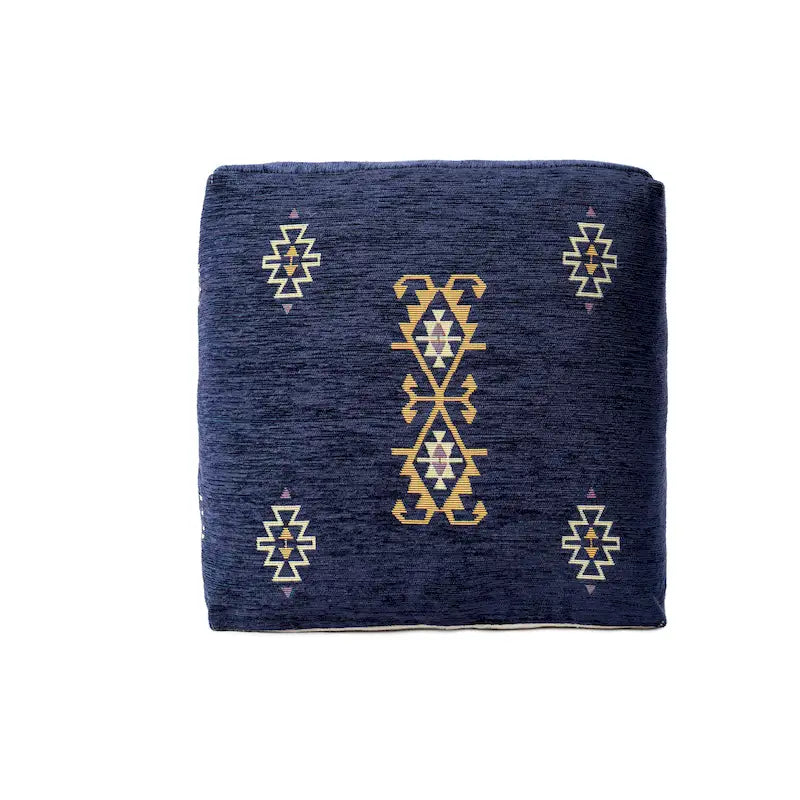 Sevita Navy/Mustard Traditional Damask Polyester Blend Pouf