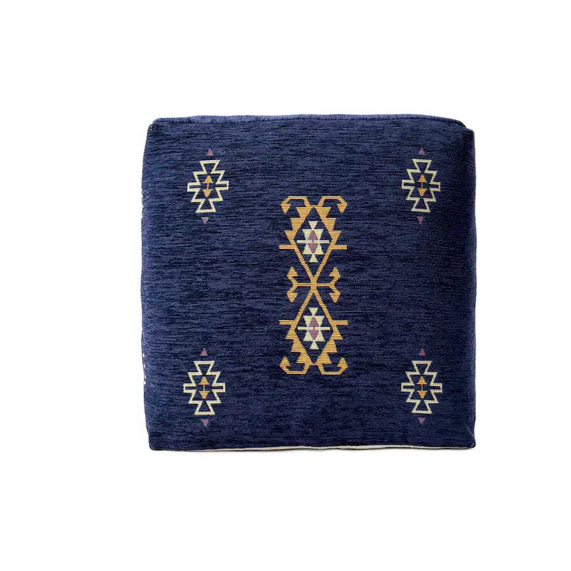 Sevita Navy/Mustard Traditional Damask Polyester Blend Pouf