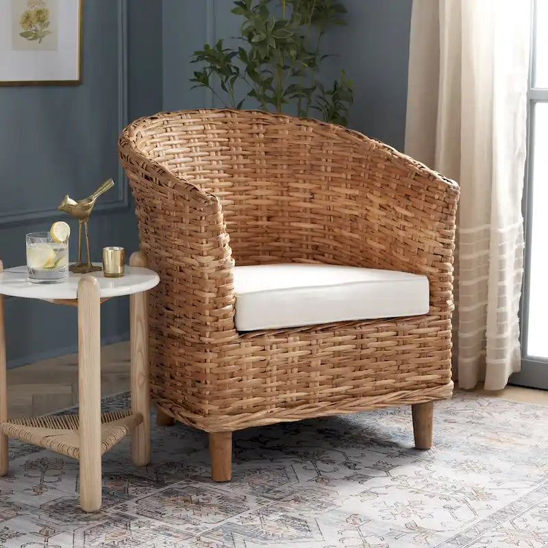 SAFAVIEH Charla Rattan Barrel Chair with Cushion - 29.1 x 27.2 x 32.7 - 29Wx27Dx33H