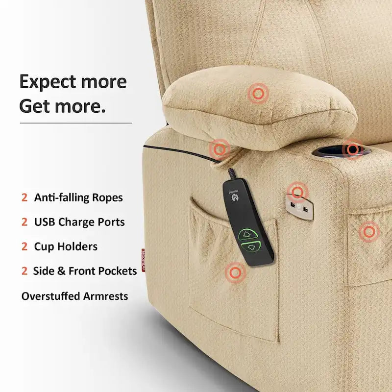 MCombo Large Power Lift Recliner Chair with Massage, Cup Holders, Extended Footrest, Fabric 7516