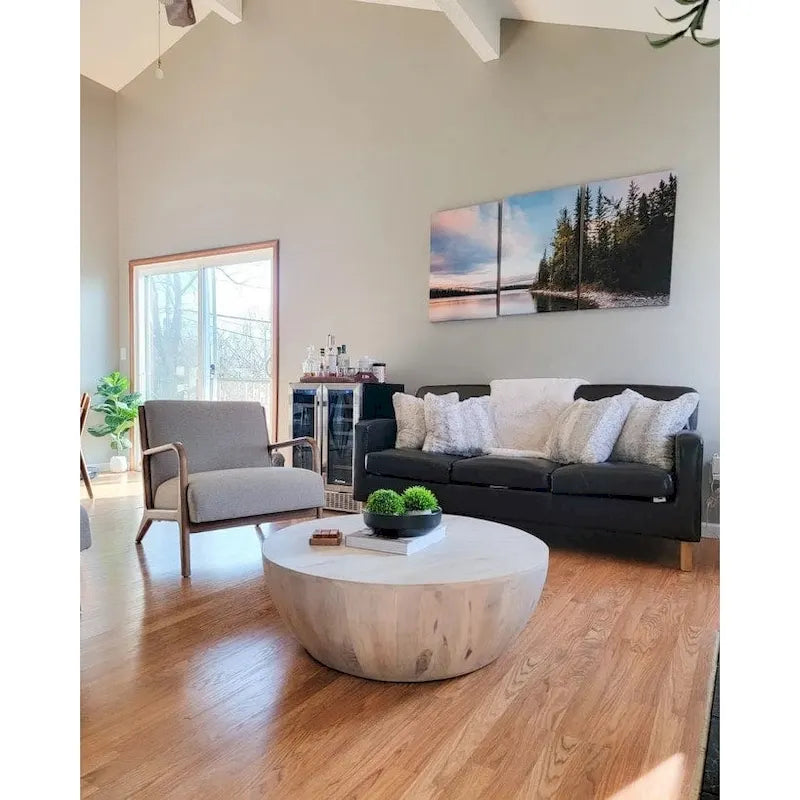 36 Inch Round Mango Wood Coffee Table, Subtle Grains, Distressed White - 35.5 x 35.5 x 12