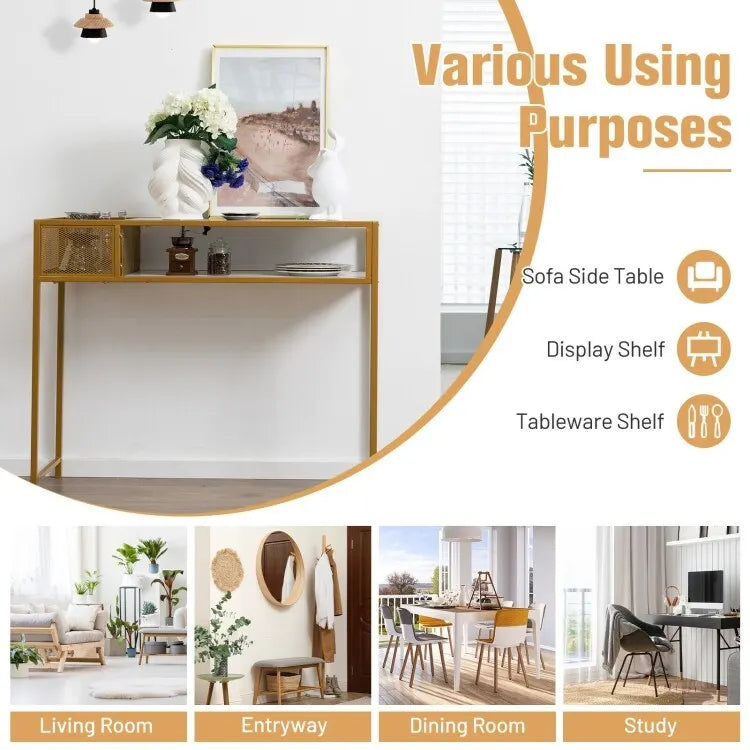 Faux Marble Console Table with Wire Baske for Entryway - 47.5 x 12 x 35.5 (L x W x H)