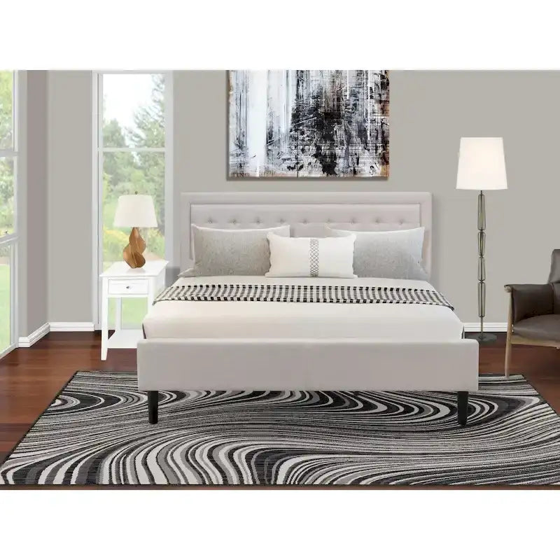 East West Furniture Platform King Size Bedroom Set with 1 Bed Frame and Nightstands - Mist Beige Linen Fabric(Pieces Options)