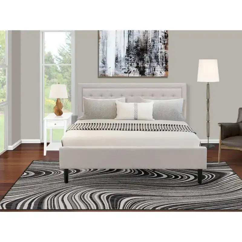 East West Furniture Platform King Size Bedroom Set with 1 Bed Frame and Nightstands - Mist Beige Linen Fabric(Pieces Options)