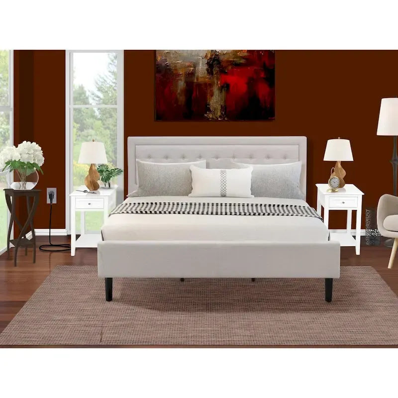 East West Furniture Platform King Size Bedroom Set with 1 Bed Frame and Nightstands - Mist Beige Linen Fabric(Pieces Options)