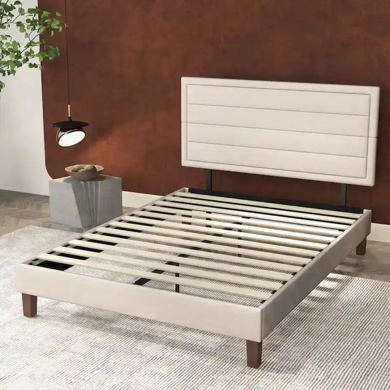 Platform Bed Frame with Wooden Slats Support, Upholstered Bed with Headboard, No Box Spring Needed