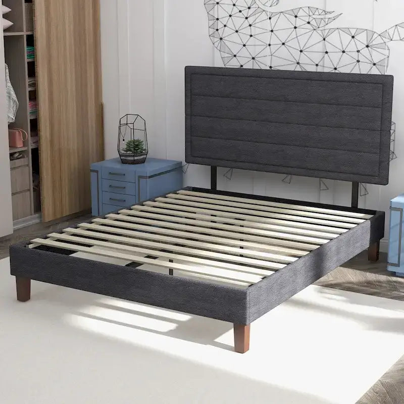 Platform Bed Frame with Wooden Slats Support, Upholstered Bed with Headboard, No Box Spring Needed