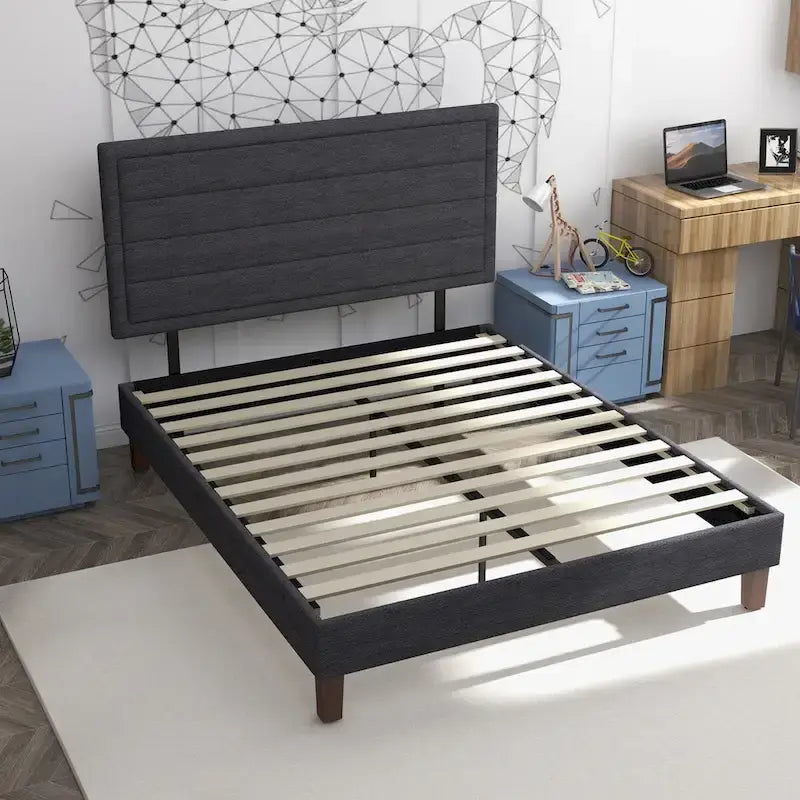 Platform Bed Frame with Wooden Slats Support, Upholstered Bed with Headboard, No Box Spring Needed