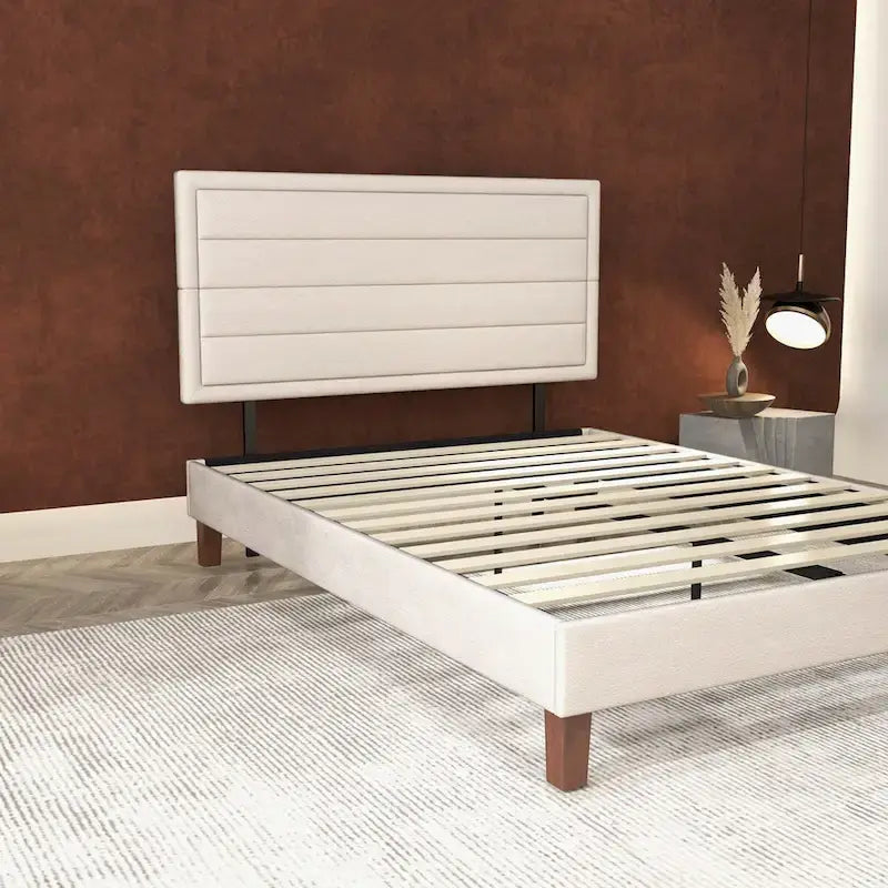 Platform Bed Frame with Wooden Slats Support, Upholstered Bed with Headboard, No Box Spring Needed