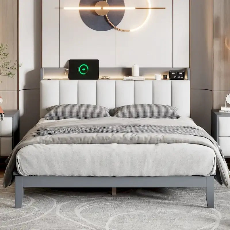 Platform Bed with USB Charging Station and Storage Upholstered Headboard,LED Bed Frame,No Box Spring Needed