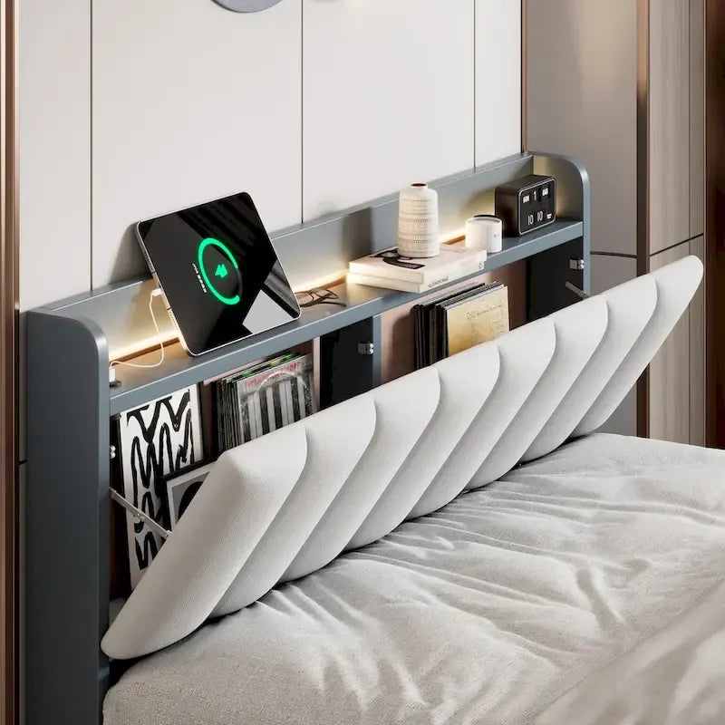 Platform Bed with USB Charging Station and Storage Upholstered Headboard,LED Bed Frame,No Box Spring Needed